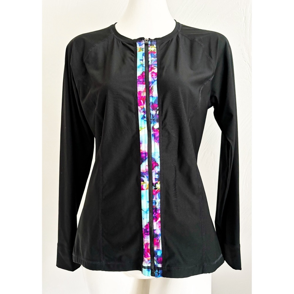 Athleta Black Floral Fade Zip-Up Long Sleeve UPF Rashguard Size Large NWOT